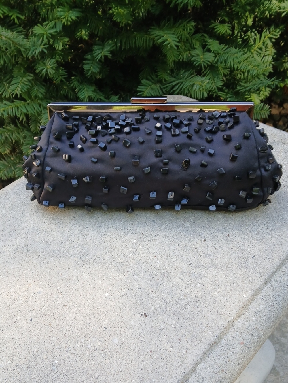 Express black beaded satin clutch, an elegant evening bag. Vintage